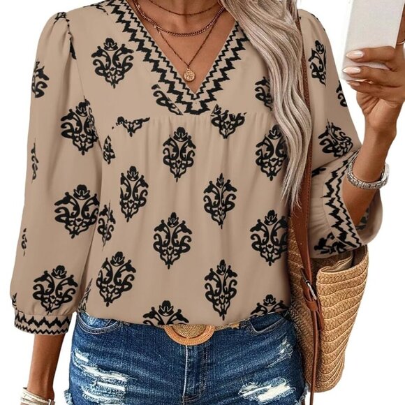 Women's Casual V Neck Floral Print Chiffon Blouses - Khaki, X-Large - Picture 1 of 6